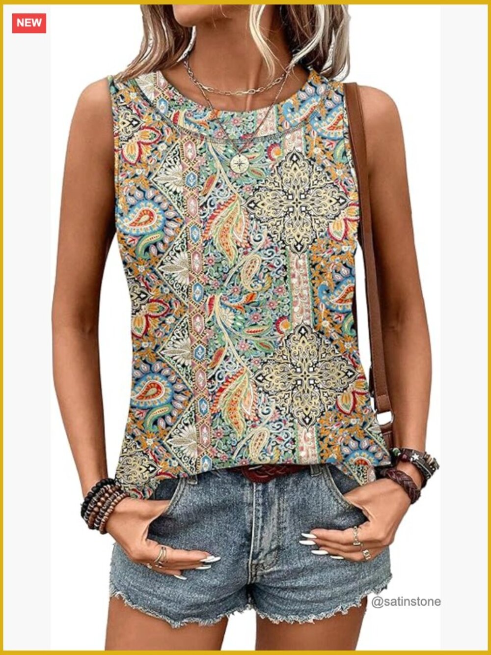 Flowy Sleeveless Tank Top with Curved Hem Crewneck Summer Essential
